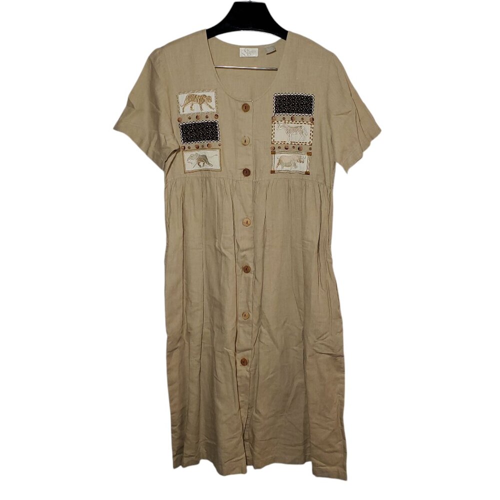 Go Softly Safari House Dress Beige Linen Blend Embroidered Midi Short Sleeve